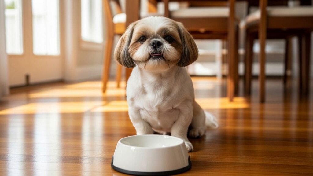 Cão Shih Tzu branco e marrom sentado em um piso de madeira iluminado pelo sol, olhando para a câmera com uma tigela branca vazia à sua frente, ilustrando um Shih Tzu enjoado para comer.