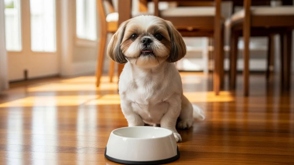 Shih Tzu Enjoado para Comer? 5 Truques para seu Pet Voltar à Ração 5 Cão Shih Tzu branco e marrom sentado em um piso de madeira iluminado pelo sol, olhando para a câmera com uma tigela branca vazia à sua frente, ilustrando um Shih Tzu enjoado para comer.