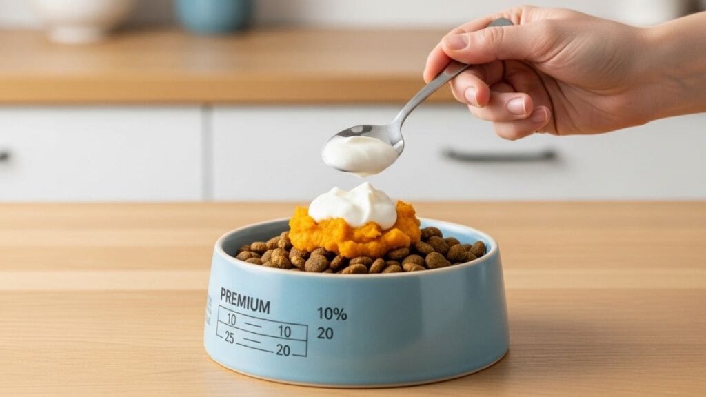 Uma mão segurando uma colher de metal adiciona iogurte natural sobre uma porção de ração e purê de abóbora em uma tigela azul com marcações de medida, ilustrando técnicas para lidar com um Shih Tzu enjoado para comer.