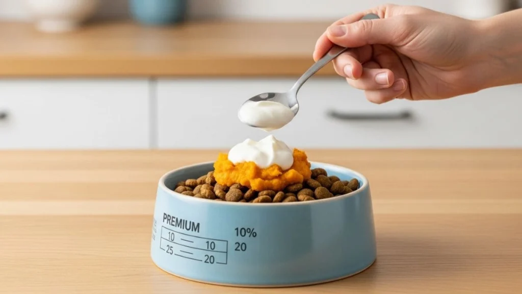Shih Tzu Enjoado para Comer? 5 Truques para seu Pet Voltar à Ração 3 Uma mão segurando uma colher de metal adiciona iogurte natural sobre uma porção de ração e purê de abóbora em uma tigela azul com marcações de medida, ilustrando técnicas para lidar com um Shih Tzu enjoado para comer.