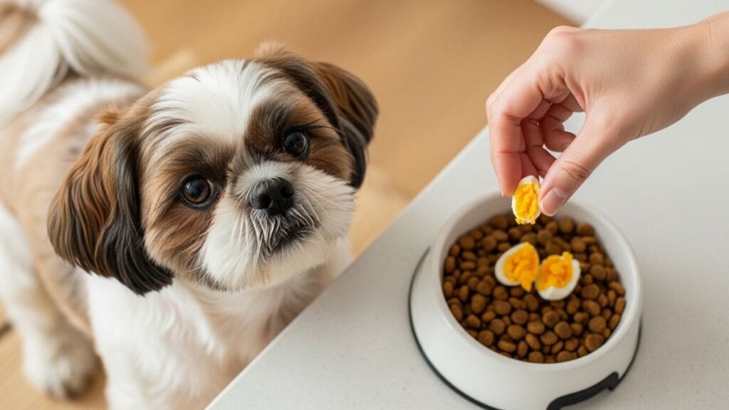 Cão Shih Tzu branco e marrom olhando de perto e atentamente para a câmera, enquanto uma mão de pessoa paira sobre sua tigela de ração, segurando um pequeno pedaço de ovo cozido para adicionar à refeição. Ilustra um Shih Tzu enjoado para comer que requer estímulo na comida.