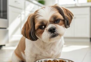 Cão Shih Tzu tricolor (marrom, branco, preto) com expressão de desprezo e severa hesitação, olhando de forma cética para uma tigela de aço cheia de comida fresca e natural (peixe, mirtilos, vegetais) em uma cozinha. Ilustra um Shih Tzu enjoado para comer.