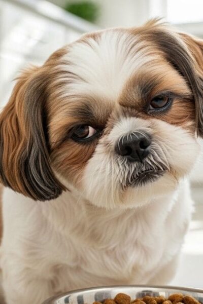 Cão Shih Tzu tricolor (marrom, branco, preto) com expressão de desprezo e severa hesitação, olhando de forma cética para uma tigela de aço cheia de comida fresca e natural (peixe, mirtilos, vegetais) em uma cozinha. Ilustra um Shih Tzu enjoado para comer.