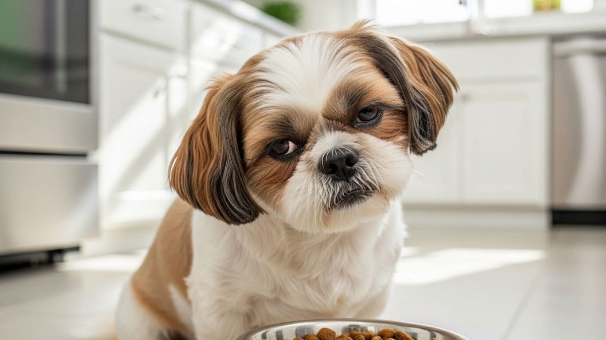 Cão Shih Tzu tricolor (marrom, branco, preto) com expressão de desprezo e severa hesitação, olhando de forma cética para uma tigela de aço cheia de comida fresca e natural (peixe, mirtilos, vegetais) em uma cozinha. Ilustra um Shih Tzu enjoado para comer.