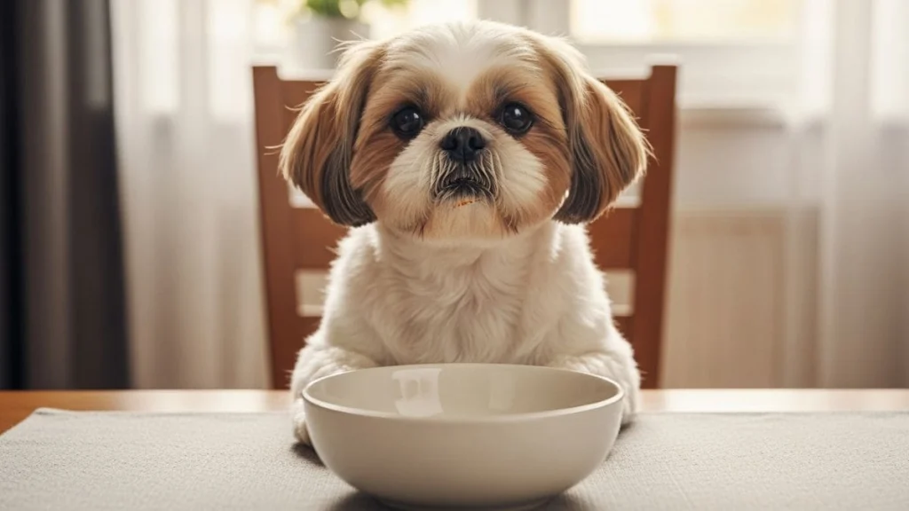 Cão Shih Tzu branco e marrom sentado à mesa com as patas apoiadas, olhando com expectativa para uma tigela branca vazia, aguardando por ração úmida para Shih Tzu.