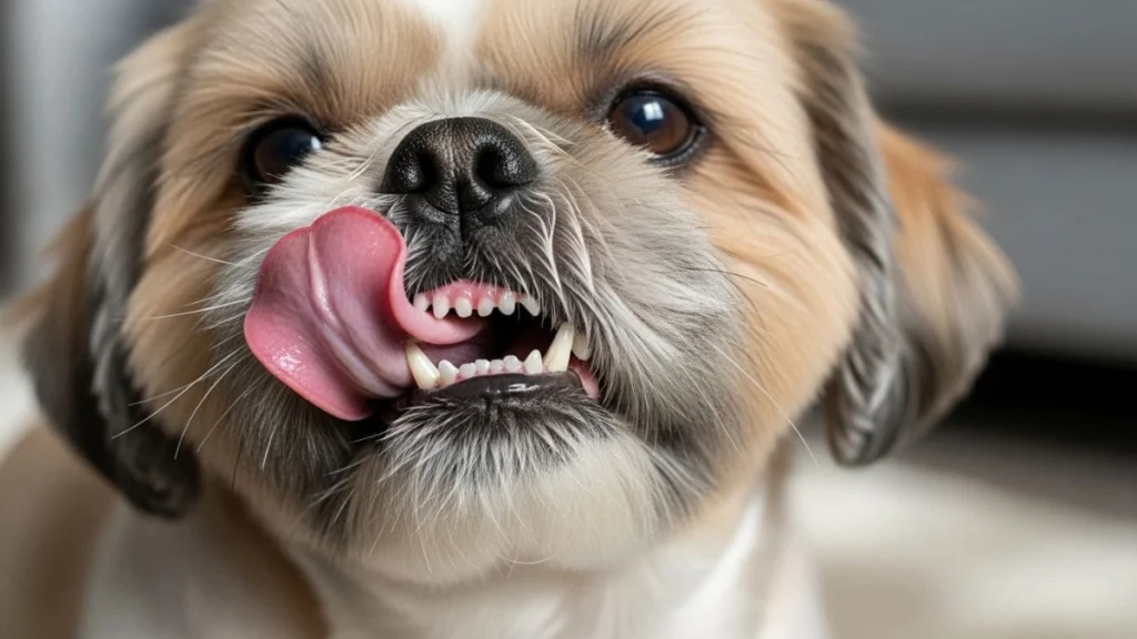 Close-up de um cão Shih Tzu lambendo o focinho com a língua para fora, demonstrando satisfação após comer ração úmida para Shih Tzu.
