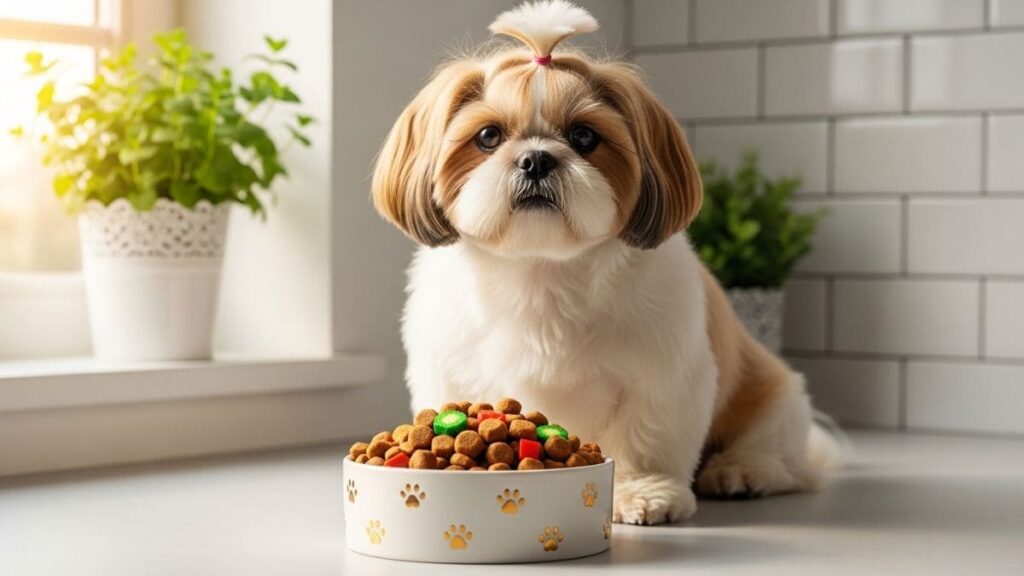 Cão Shih Tzu com penteado no topo da cabeça sentado em frente a um pote de ração colorida com pedaços verdes e vermelhos, ilustrando o guia Tudo Sobre Shih Tzu.
