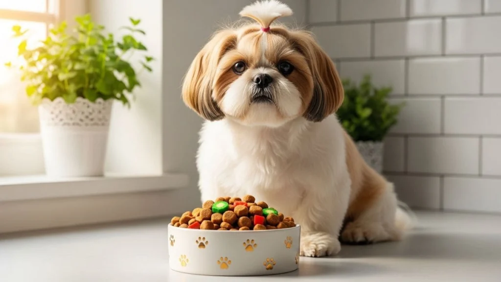 Tudo sobre Shih Tzu: O Guia Definitivo do Pequeno Leão de Ouro 4 Cão Shih Tzu com penteado no topo da cabeça sentado em frente a um pote de ração colorida com pedaços verdes e vermelhos, ilustrando o guia Tudo Sobre Shih Tzu.
