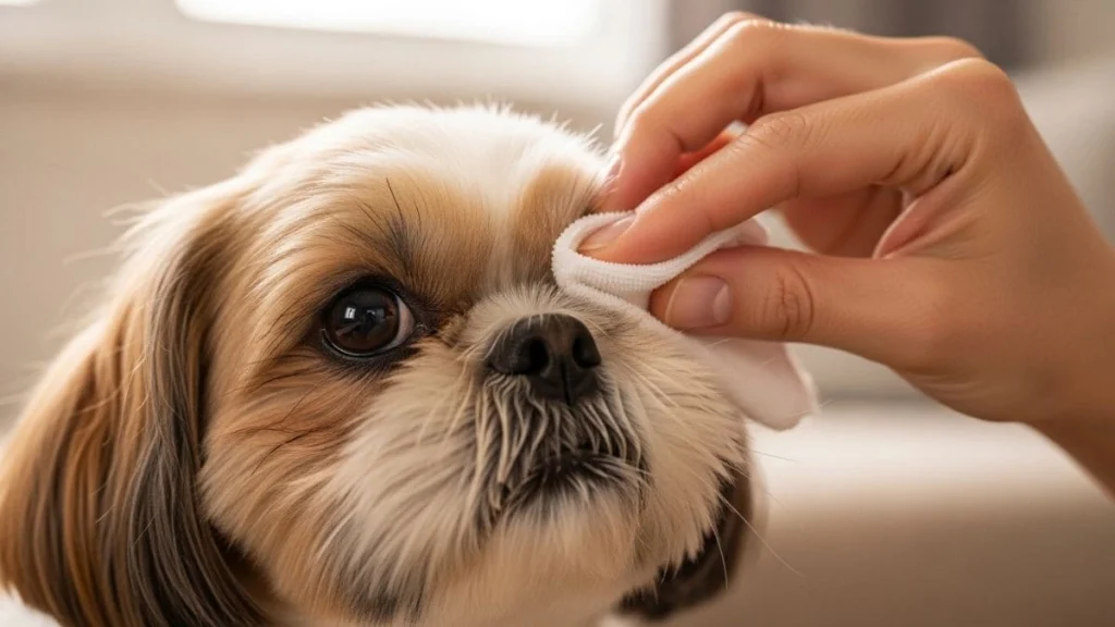 Tudo sobre Shih Tzu: O Guia Definitivo do Pequeno Leão de Ouro 3 Tutor limpando delicadamente o olho de um cachorro Shih Tzu com algodão, demonstrando cuidados com a saúde ocular da raça.