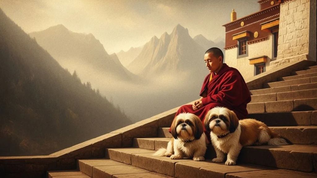 Tudo sobre Shih Tzu: O Guia Definitivo do Pequeno Leão de Ouro 2 Monge budista sentado nas escadarias de um templo nas montanhas ao lado de dois cães Shih Tzu, representando a origem histórica da raça.