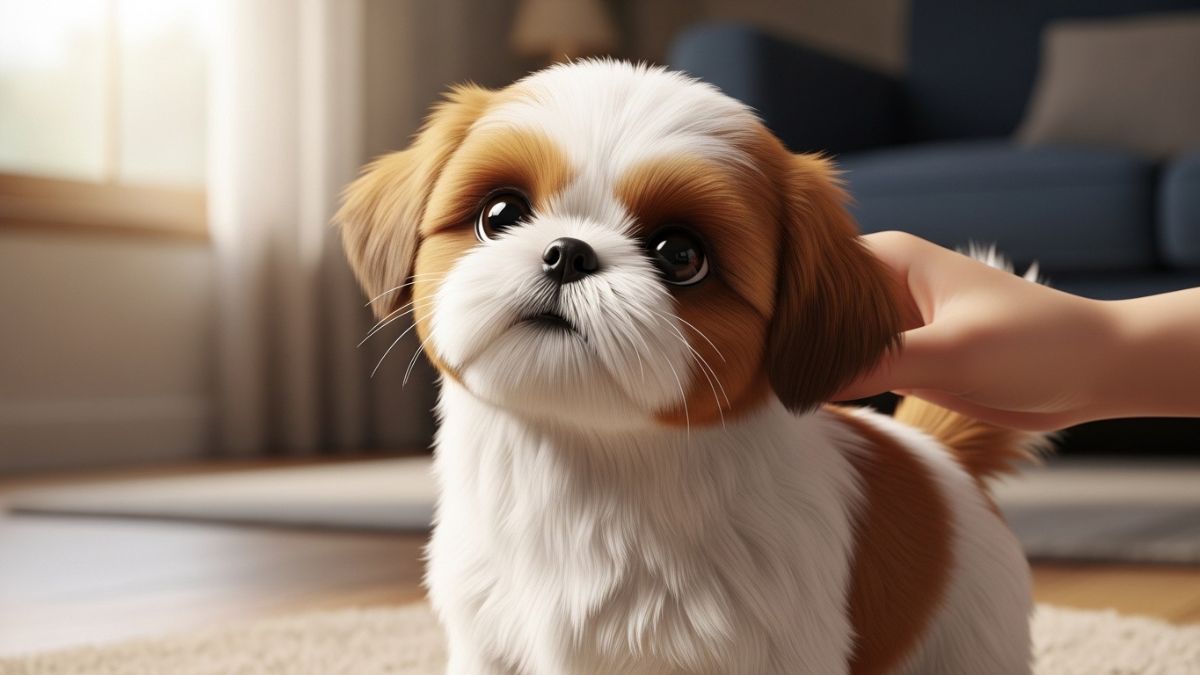 Cuidados com Shih Tzu filhote sendo realizados pelo tutor em ambiente doméstico