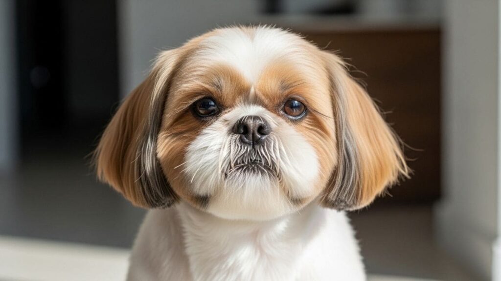 Close focado no rosto de um Shih Tzu com pelagem dourada e branca impecavelmente tosada. O cão tem olhos castanhos expressivos e o focinho preto úmido centralizado. O destaque é a área facial inferior, onde o bigode de Shih Tzu e a barba estão limpos, curtos e moldados, emoldurando perfeitamente a boca sem pelos excessivos. O fundo é neutro e desfocado.