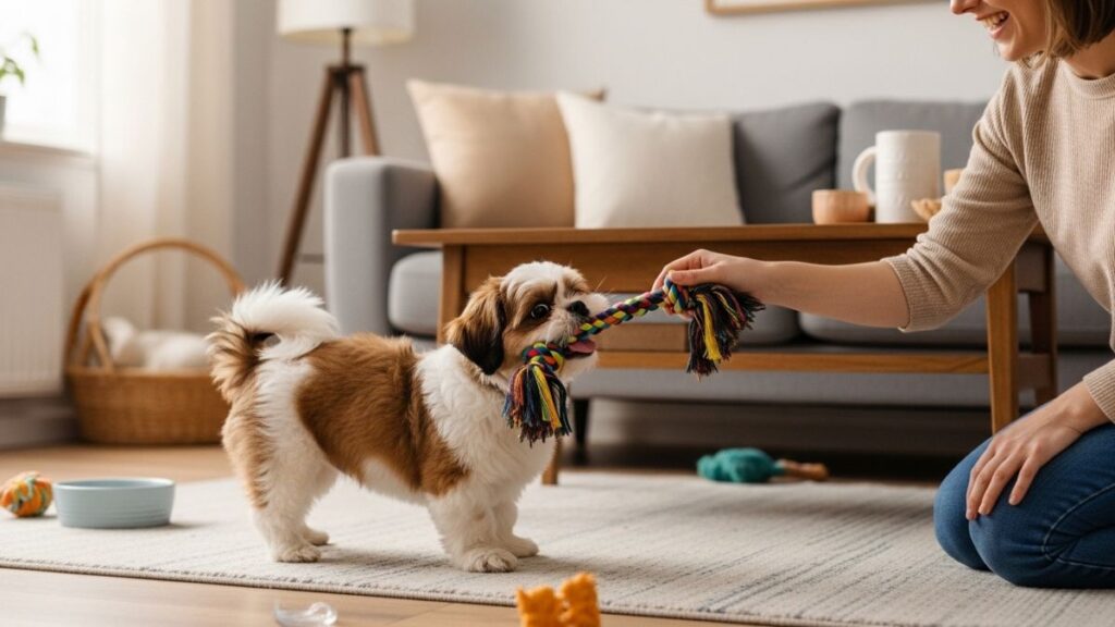 Cuidados com Shih Tzu Filhote: Guia Completo Para Criar com Saúde e Segurança 5 Close focado de um adorável Shih Tzu filhote com pelagem branca e dourada e rabo de cavalo pequeno, mordendo e puxando uma corda de brinquedo colorida mantida pela mão de uma pessoa (dona). O filhote está em pé sobre um tapete cinza claro em uma sala de estar aconchegante, com uma tigela azul e brinquedos de mastigar espalhados no chão ao fundo, exemplificando os cuidados com Shih Tzu filhote através do brincar.