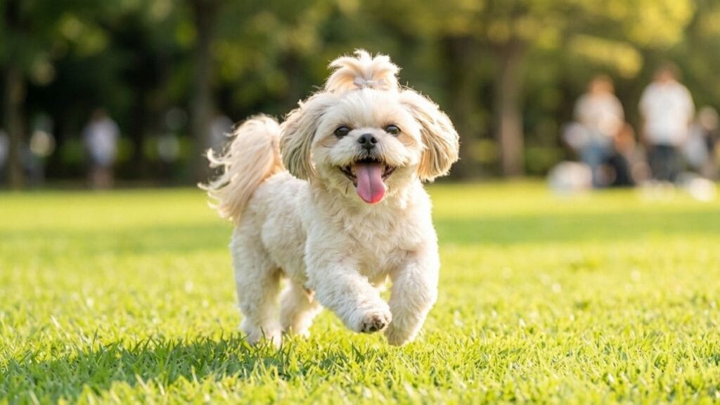 Close focado em um cachorro Shih Tzu correndo alegremente na grama de um parque. O cão tem pelagem clara, um pequeno laço no topete e está com a boca aberta e a língua para fora, ofegando. Essa ação de ofegar com a boca aberta é onde o mau hálito em Shih Tzu se torna mais perceptível para os tutores. Ao fundo, árvores e pessoas estão desfocadas.