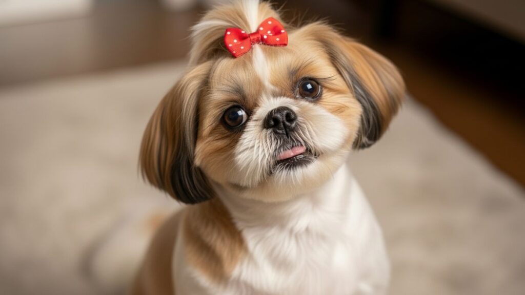 Cachorro Shih Tzu: O Guia Completo sobre a Raça em 2026 7 Close de um Cachorro Shih Tzu fêmea, com pelagem branca e marrom, olhando para cima com expressão dócil e um pequeno laço vermelho com bolinhas brancas prendendo o topete sobre a cabeça.