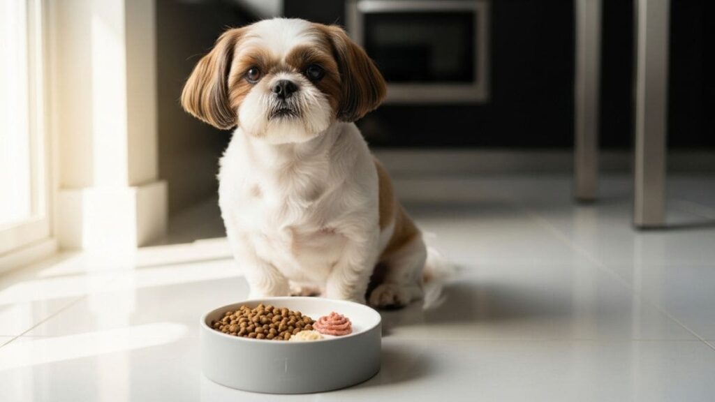Cachorro Shih Tzu: O Guia Completo sobre a Raça em 2026 6 Cachorro Shih Tzu com tosa bebê na pelagem branca e marrom, sentado pacientemente em frente a um pote de comida com ração seca e úmida em um ambiente doméstico iluminado.