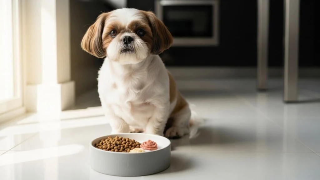 Cachorro Shih Tzu: O Guia Completo sobre a Raça em 2026 6 Cachorro Shih Tzu com tosa bebê na pelagem branca e marrom, sentado pacientemente em frente a um pote de comida com ração seca e úmida em um ambiente doméstico iluminado.