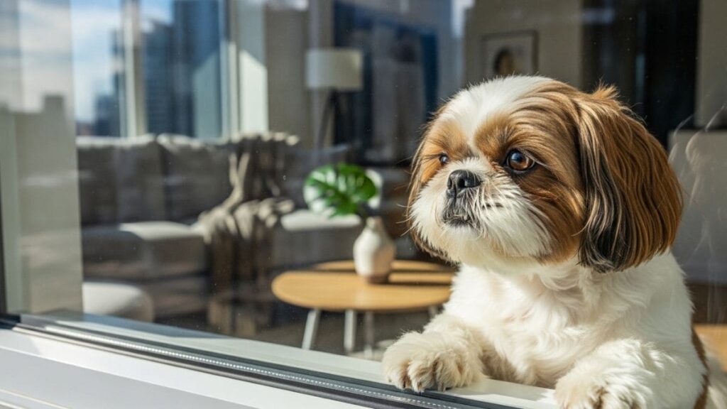 Cachorro Shih Tzu: O Guia Completo sobre a Raça em 2026 3 Cachorro Shih Tzu com tosa bebê na pelagem branca e marrom, apoiado no parapeito de uma janela de vidro, olhando para o lado com a sala de estar ao fundo.