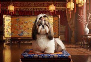 Cachorro Shih Tzu elegante sentado em ambiente oriental decorado, destacando a origem e beleza da raça.