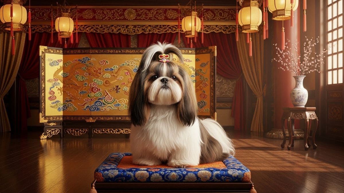 Cachorro Shih Tzu elegante sentado em ambiente oriental decorado, destacando a origem e beleza da raça.