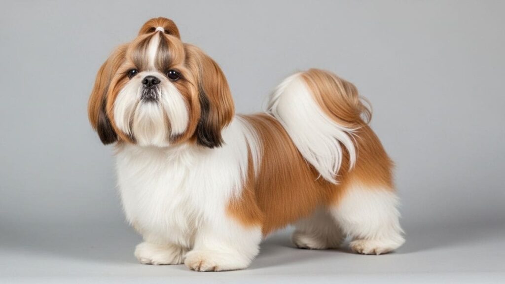 Cachorro Shih Tzu: O Guia Completo sobre a Raça em 2026 2 Cachorro Shih Tzu adulto com pelagem longa e bem cuidada em estúdio com fundo neutro