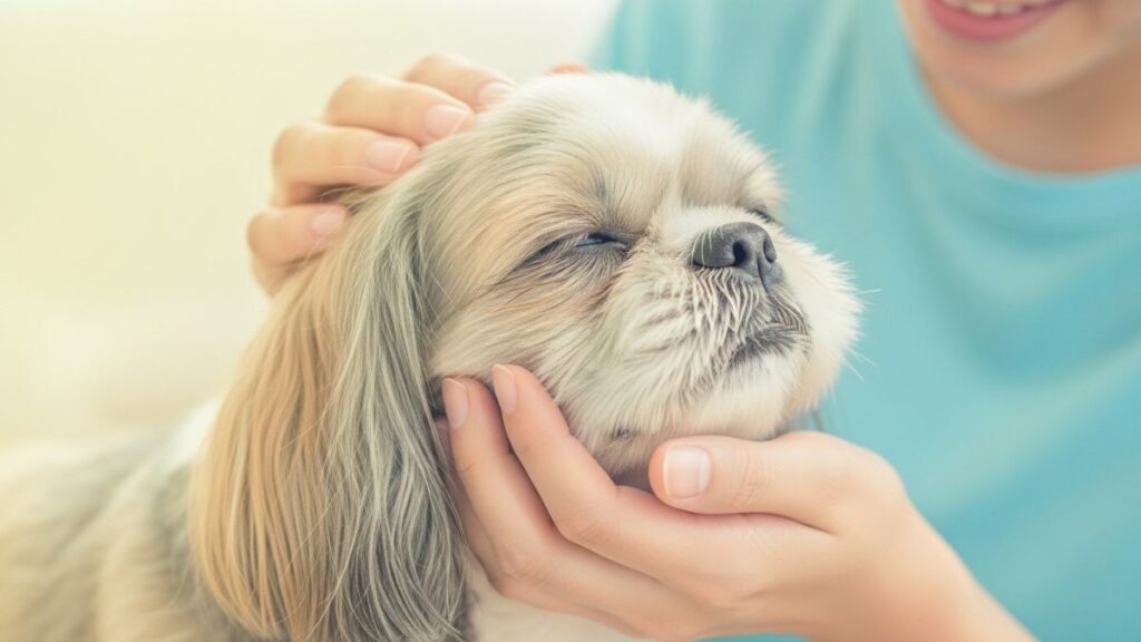 Close focado nas mãos de uma pessoa acariciando o rosto de um Shih Tzu idoso. O cão está com os olhos fechados e uma expressão serena de puro relaxamento e conforto, com a pelagem ao redor do focinho já mais grisalha, indicando idade avançada.