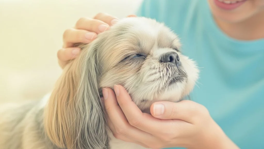 Close focado nas mãos de uma pessoa acariciando o rosto de um Shih Tzu idoso. O cão está com os olhos fechados e uma expressão serena de puro relaxamento e conforto, com a pelagem ao redor do focinho já mais grisalha, indicando idade avançada.