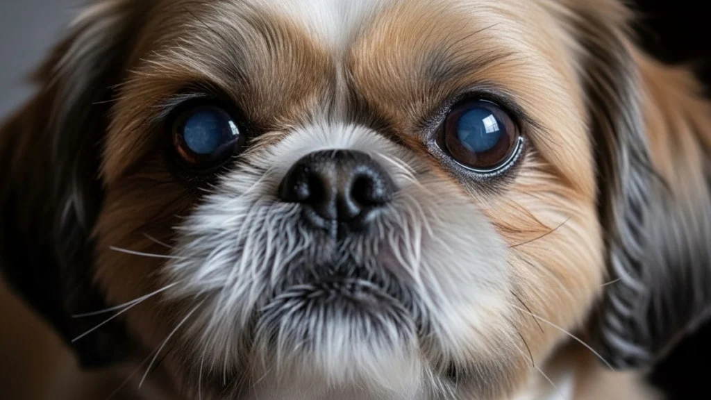 Close-up focado no rosto de um Shih Tzu idoso com pelagem branca e marrom, destacando seus olhos grandes e opacos, com uma tonalidade azulada turva, sugerindo catarata avançada, além de bigodes brancos e nariz preto.
