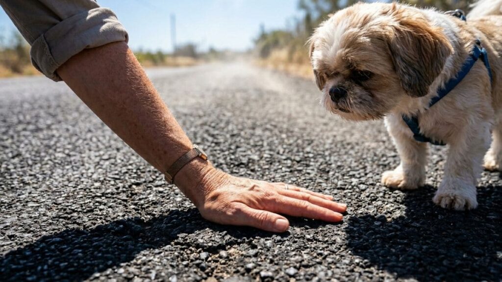 Uma mão humana com um relógio dourado está pousada no asfalto quente e texturizado de uma estrada de estrada, com o braço estendido para a esquerda. Ao lado direito, um cachorro Shih Tzu pequeno, de pelagem branca e marrom e usando um peitoral azul, está parado e olhando para a mão com expressão hesitante. O fundo mostra uma estrada de terra e vegetação seca sob sol forte, criando um ambiente quente. A imagem sugere que o asfalto quente é a razão pela qual o Shih Tzu não quer andar.
