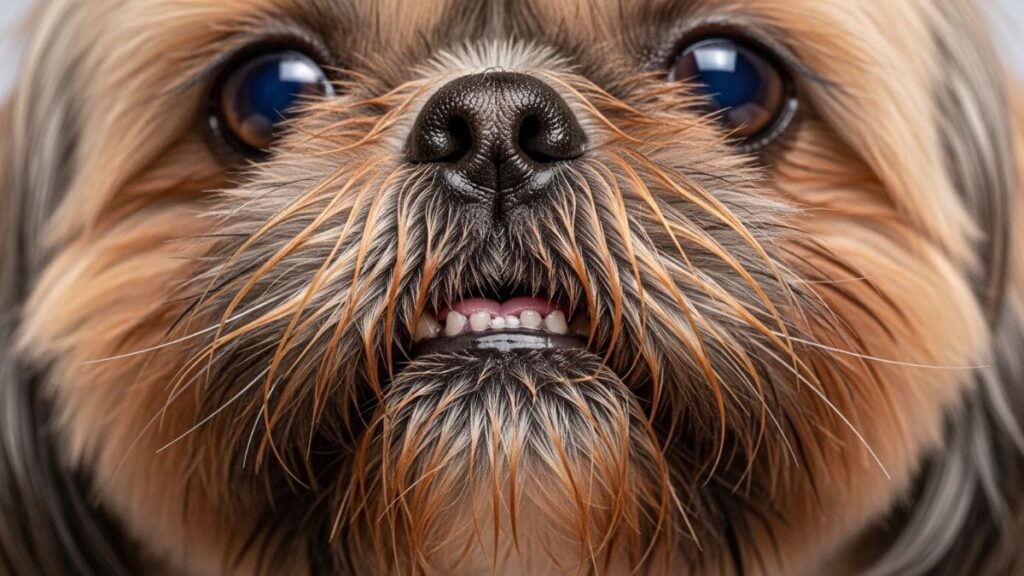Close focado e macro nos detalhes faciais de um Shih Tzu com pelagem dourada e marrom. A imagem destaca a textura densa do bigode de Shih Tzu e barba que emolduram o focinho preto úmido e os olhos grandes e escuros. Os dentes incisivos inferiores são visíveis, assim como as cerdas finas do bigode e os pelos faciais ao redor da boca.