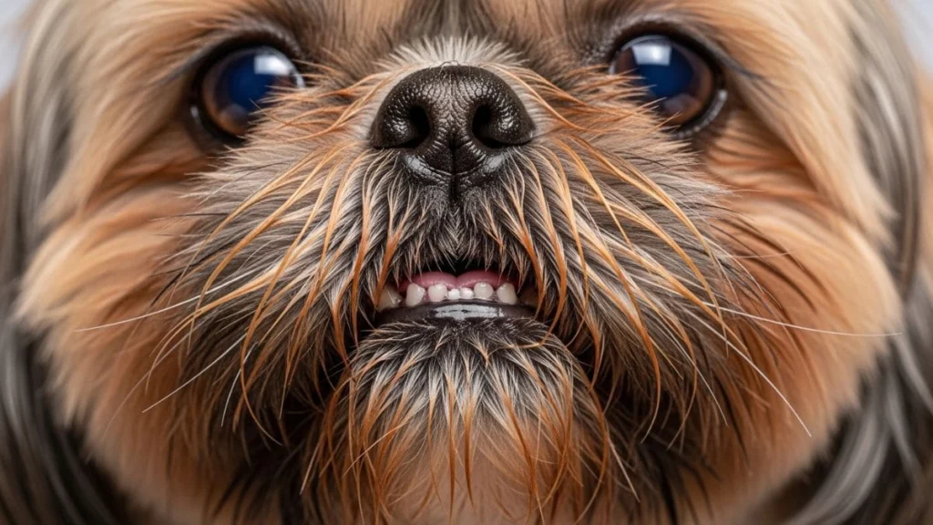 Bigode de Shih Tzu Amarelado ou com Mau Cheiro? Como Clarear e Limpar do Jeito Certo 2 Close focado e macro nos detalhes faciais de um Shih Tzu com pelagem dourada e marrom. A imagem destaca a textura densa do bigode de Shih Tzu e barba que emolduram o focinho preto úmido e os olhos grandes e escuros. Os dentes incisivos inferiores são visíveis, assim como as cerdas finas do bigode e os pelos faciais ao redor da boca.