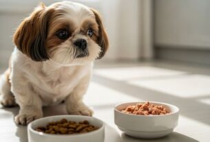 Shih Tzu diante de dois potes com ração seca e úmida, ilustrando como trocar a ração do Shih Tzu sem transtornos.