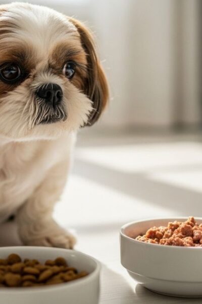Shih Tzu diante de dois potes com ração seca e úmida, ilustrando como trocar a ração do Shih Tzu sem transtornos.