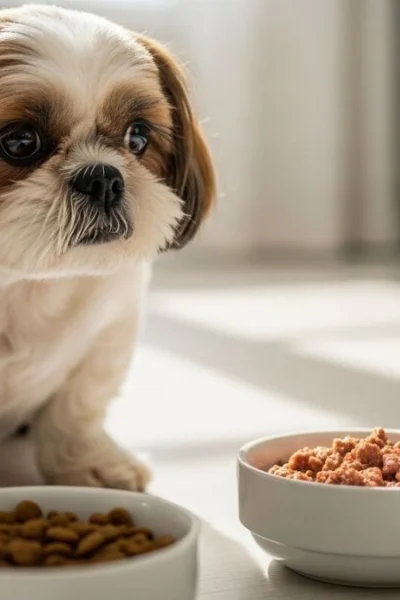 Shih Tzu diante de dois potes com ração seca e úmida, ilustrando como trocar a ração do Shih Tzu sem transtornos.