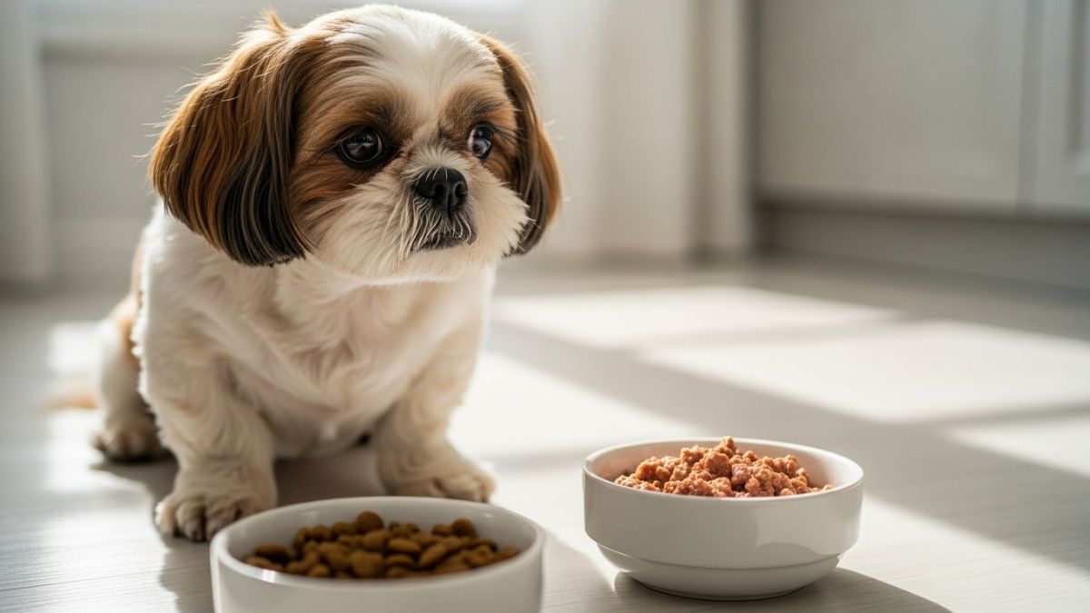 Shih Tzu diante de dois potes com ração seca e úmida, ilustrando como trocar a ração do Shih Tzu sem transtornos.