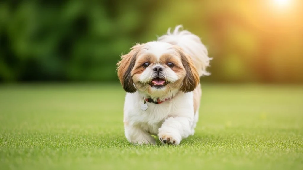 Como Trocar a Ração do Shih Tzu sem Transtornos: O Guia Definitivo 6 Shih Tzu correndo feliz na grama, representando adaptação saudável após trocar a ração do Shih Tzu sem transtornos.
