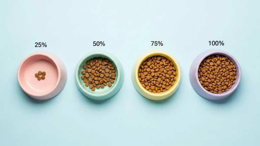 Como Trocar a Ração do Shih Tzu sem Transtornos: O Guia Definitivo 2 Potes com diferentes quantidades de ração em etapas de 25%, 50%, 75% e 100%, ilustrando como trocar a ração do Shih Tzu sem transtornos.