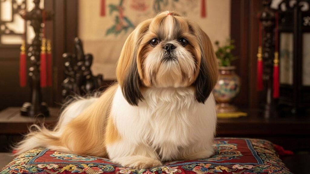 Shih Tzu segue o dono com o olhar, sentado pacientemente sobre uma almofada decorada, demonstrando atenção e vínculo com o tutor em um ambiente de estilo Oriental.