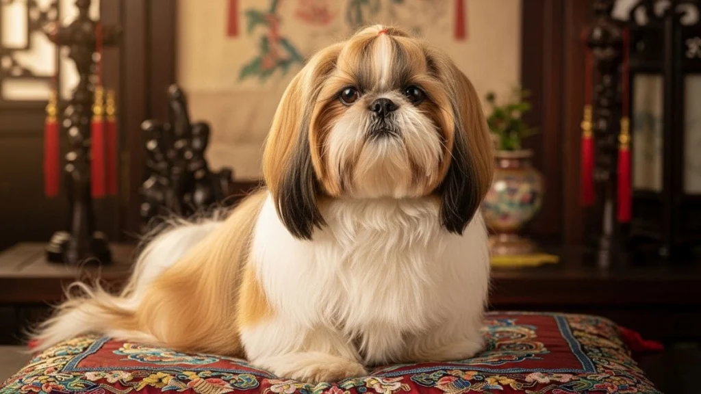 Por que o Shih Tzu segue o dono? Entenda a Síndrome da Sombra 2 Shih Tzu segue o dono com o olhar, sentado pacientemente sobre uma almofada decorada, demonstrando atenção e vínculo com o tutor em um ambiente de estilo Oriental.