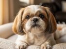 Close de um Shih Tzu idoso com pelagem branca e marrom, deitado confortavelmente em uma cama pet felpuda. Ele olha diretamente para a câmera com olhos grandes e escuros, em um ambiente doméstico aconchegante.