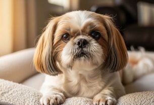Close de um Shih Tzu idoso com pelagem branca e marrom, deitado confortavelmente em uma cama pet felpuda. Ele olha diretamente para a câmera com olhos grandes e escuros, em um ambiente doméstico aconchegante.