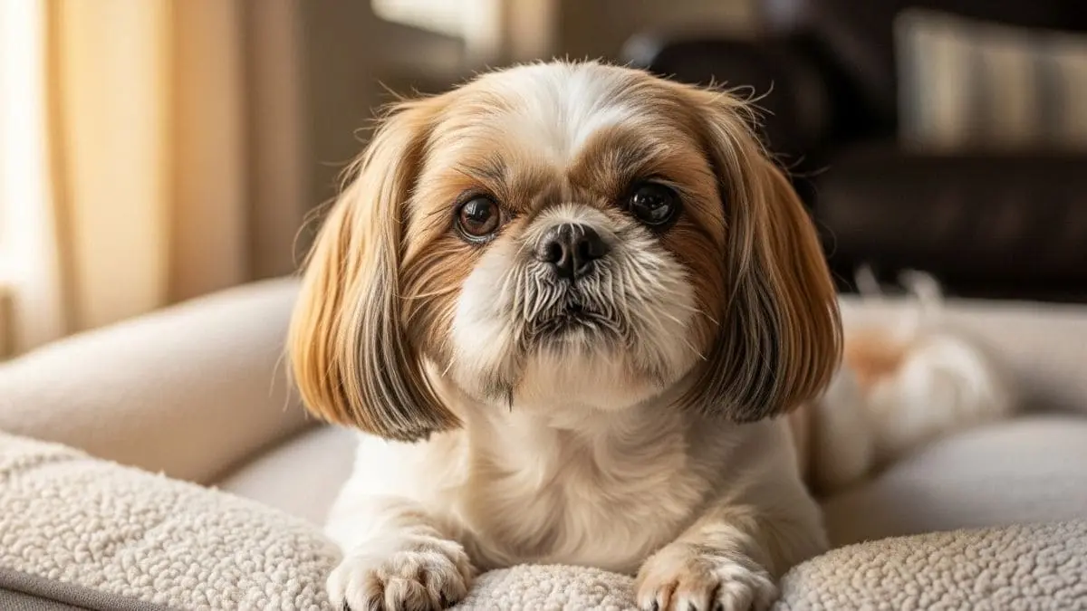 Close de um Shih Tzu idoso com pelagem branca e marrom, deitado confortavelmente em uma cama pet felpuda. Ele olha diretamente para a câmera com olhos grandes e escuros, em um ambiente doméstico aconchegante.