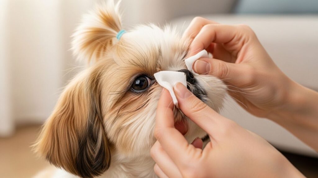 Cuidados com Shih Tzu Filhote: Guia Completo Para Criar com Saúde e Segurança 3 Close focado nas mãos de uma pessoa usando um disco de algodão branco para limpar delicadamente a área ao redor dos olhos e do nariz de um adorável Shih Tzu filhote com pelagem branca e dourada e um pequeno rabo de cavalo com elástico azul. O filhote olha atentamente para a frente com seus grandes olhos escuros em um ambiente doméstico aconchegante.