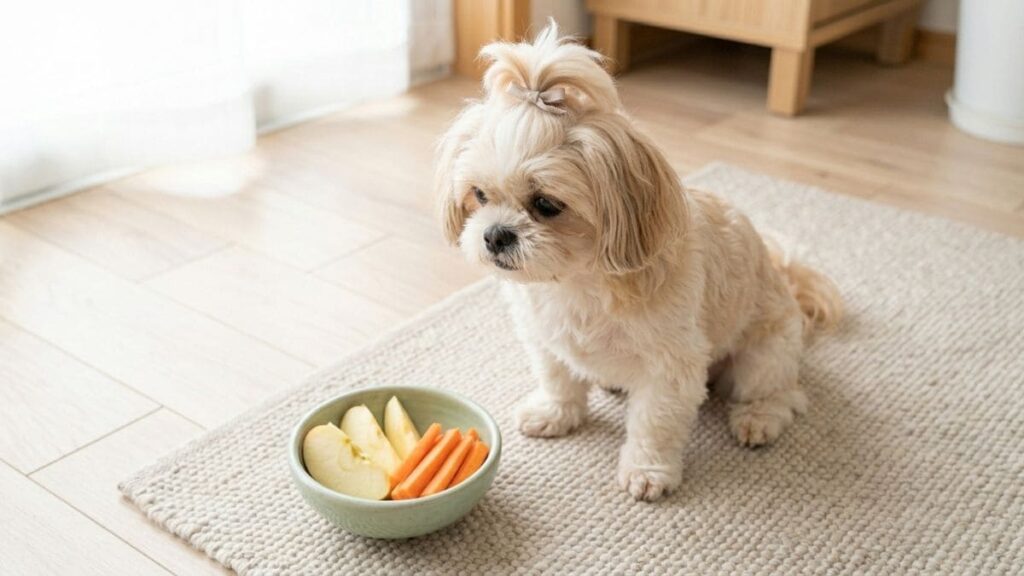 Um cachorro da raça Shih Tzu sentado em um tapete, olhando atentamente para uma tigela com pedaços de maçã e cenoura. A imagem ilustra como uma alimentação saudável ajuda a evitar o mau hálito em Shih Tzu, mantendo a higiene bucal em dia.