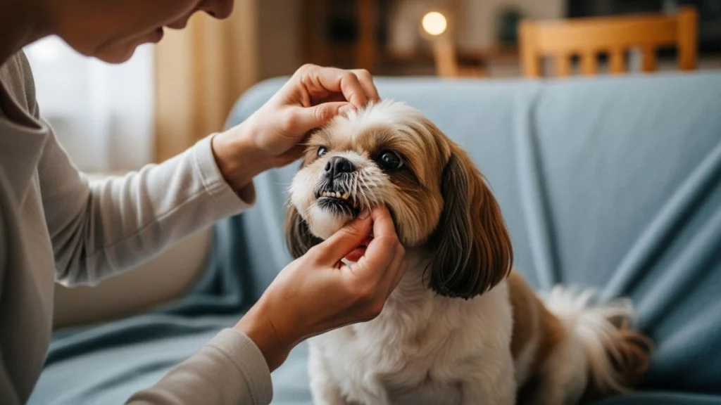 Uma pessoa de perfil, vestindo uma blusa bege, segura com as duas mãos o rosto de um Shih Tzu idoso sentado sobre uma manta azul. A pessoa está levantando suavemente os lábios do cão para examinar seus dentes superiores e inferiores, revelando alguns dentes desalinhados e possíveis sinais de idade.
