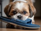 Shih Tzu rosnando para o dono com um olhar fixo e intenso, segurando um chinelo azul na boca, demonstrando proteção e conexão com o tutor em um ambiente doméstico.