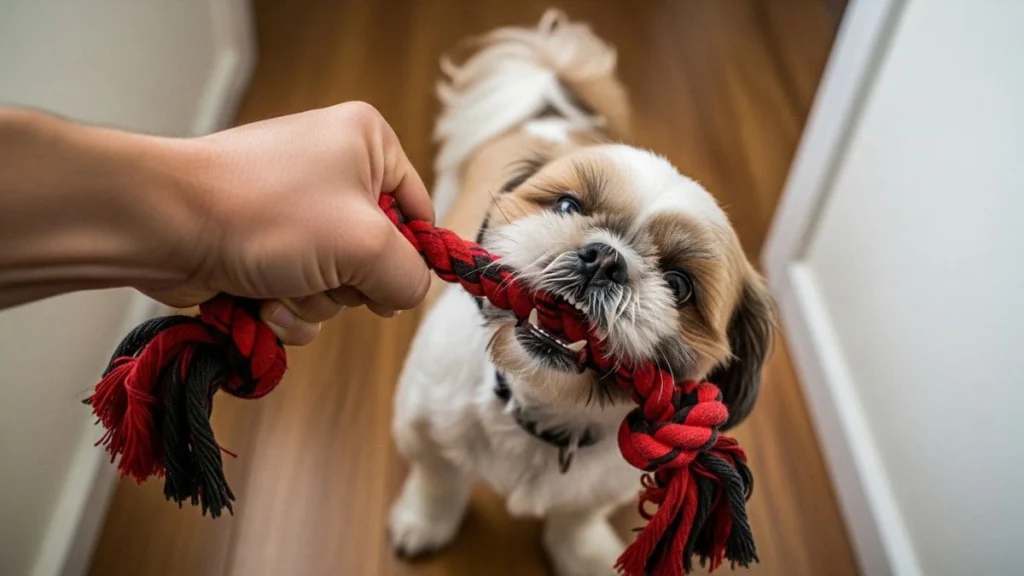 Shih Tzu rosnando para o dono com um olhar fixo e intenso, mordendo uma corda de brinquedo vermelha e preta, demonstrando proteção e conexão com o tutor em um ambiente doméstico.