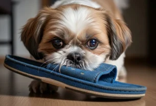 Shih Tzu rosnando para o dono com um olhar fixo e intenso, segurando um chinelo azul na boca, demonstrando proteção e conexão com o tutor em um ambiente doméstico.
