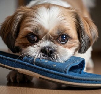 Shih Tzu rosnando para o dono com um olhar fixo e intenso, segurando um chinelo azul na boca, demonstrando proteção e conexão com o tutor em um ambiente doméstico.