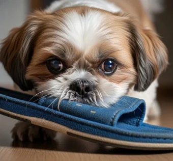 Shih Tzu rosnando para o dono com um olhar fixo e intenso, segurando um chinelo azul na boca, demonstrando proteção e conexão com o tutor em um ambiente doméstico.